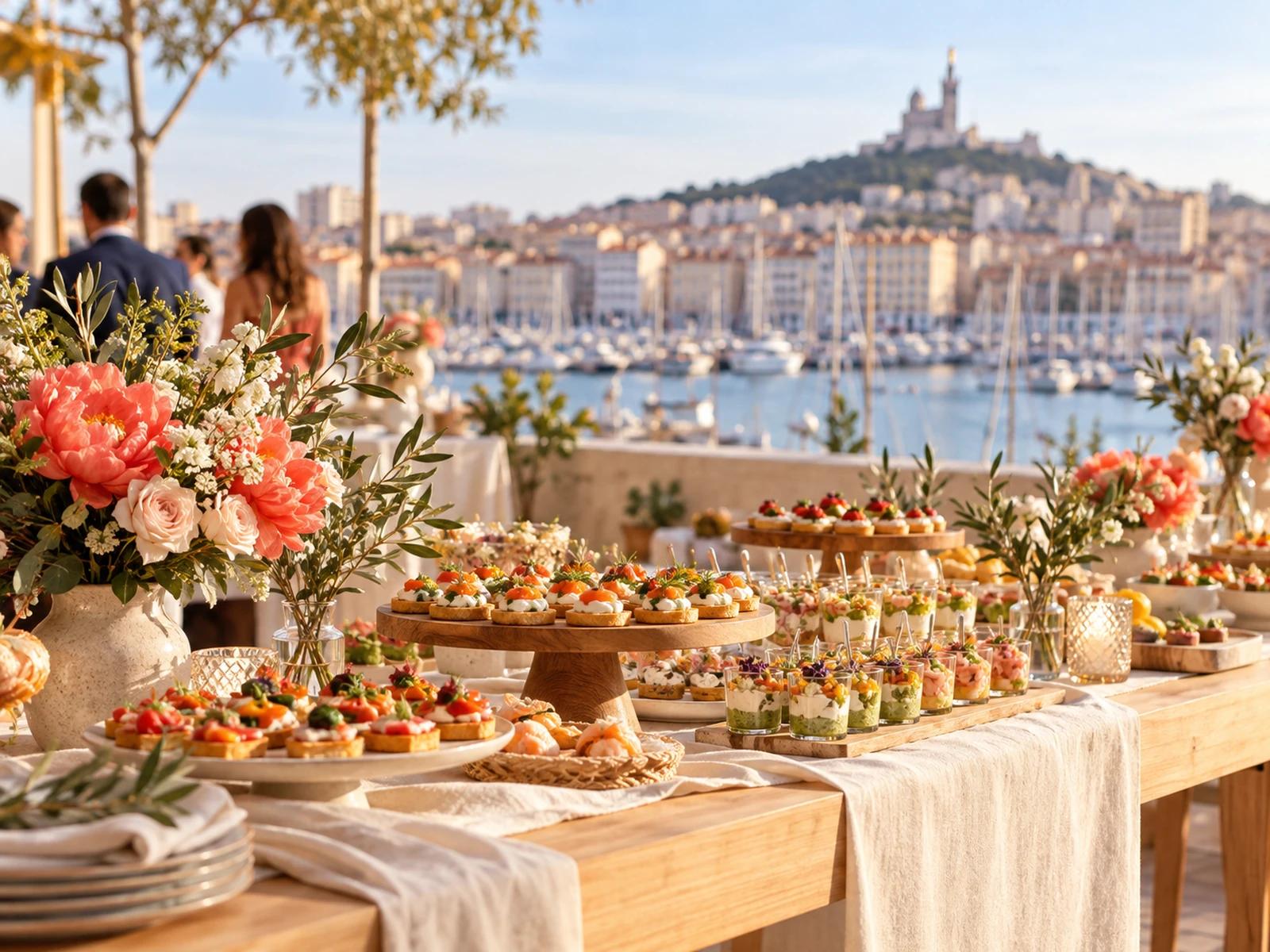 Buffet de traiteur dressé pour une réception à Marseille