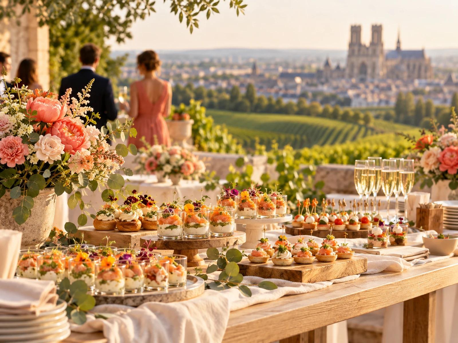 Buffet de traiteur dressé pour une réception à Reims