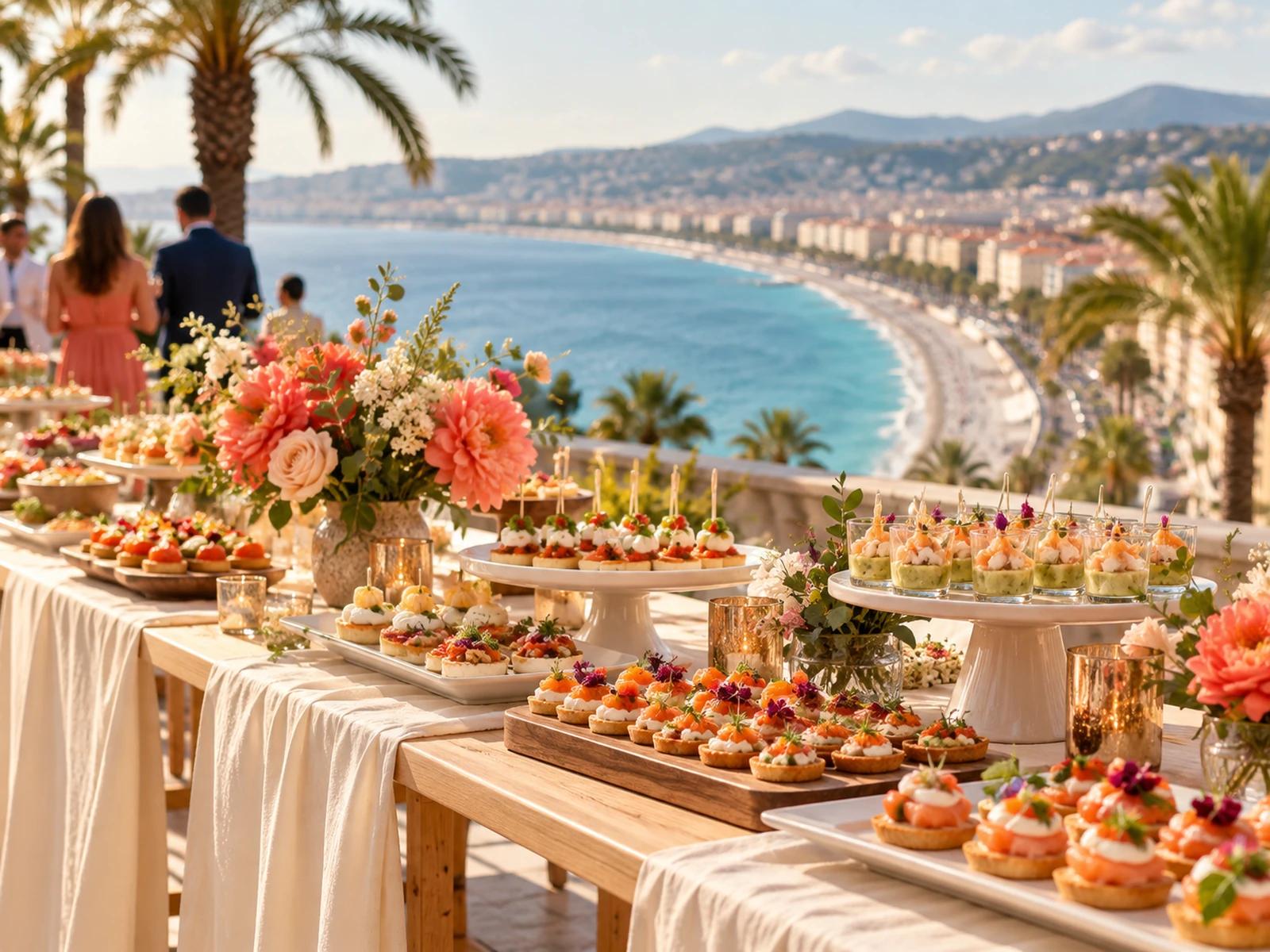 Buffet de traiteur dressé pour une réception à Nice