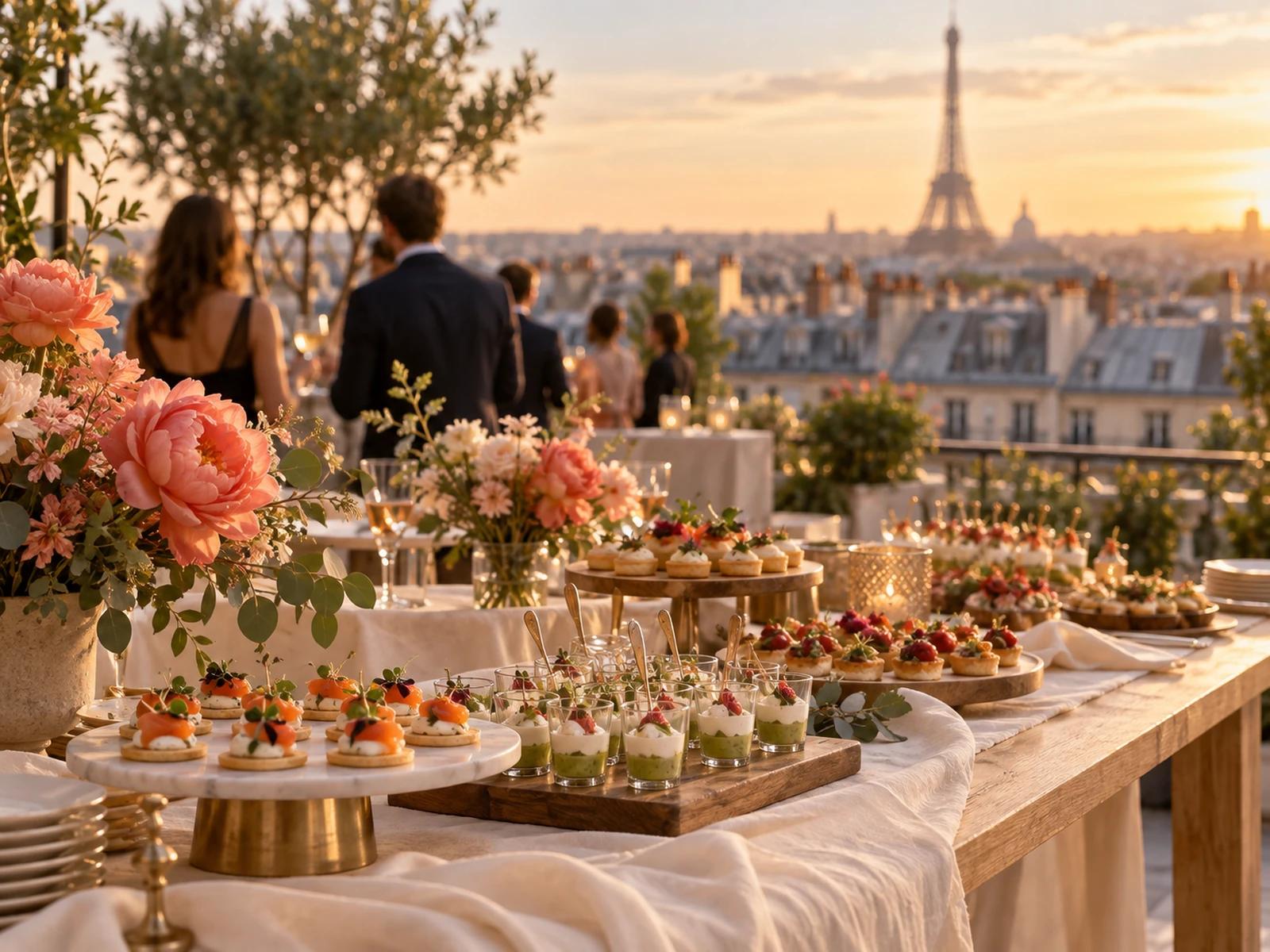 Buffet de traiteur dressé pour une réception à Paris