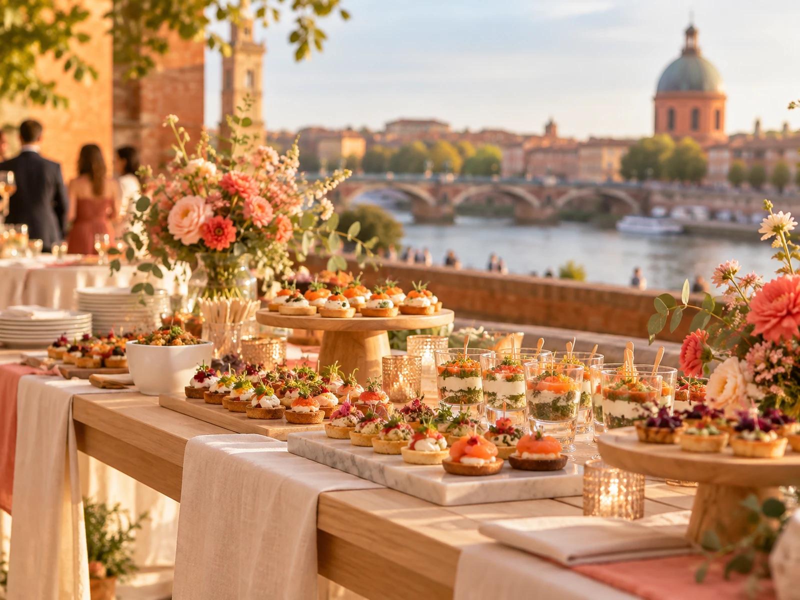 Buffet de traiteur dressé pour une réception à Toulouse